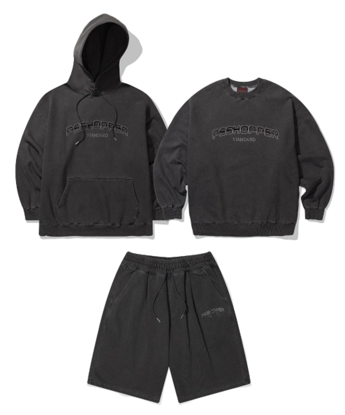 피에스쇼퍼(PSSHOPPER) [2 Pack] 오리지널 피그먼트 긴팔 반바지 세트 [다크그레이]