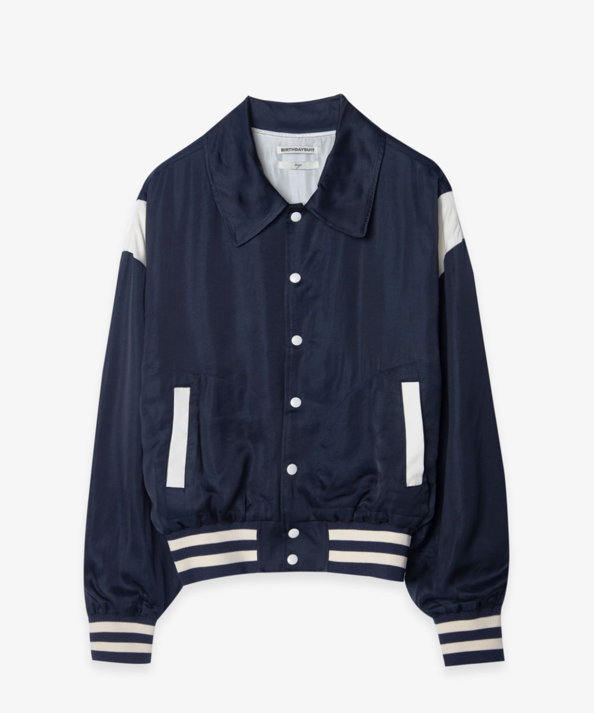벌스데이수트(BIRTHDAYSUIT) SATIN STADIUM JACKET (NAVY)