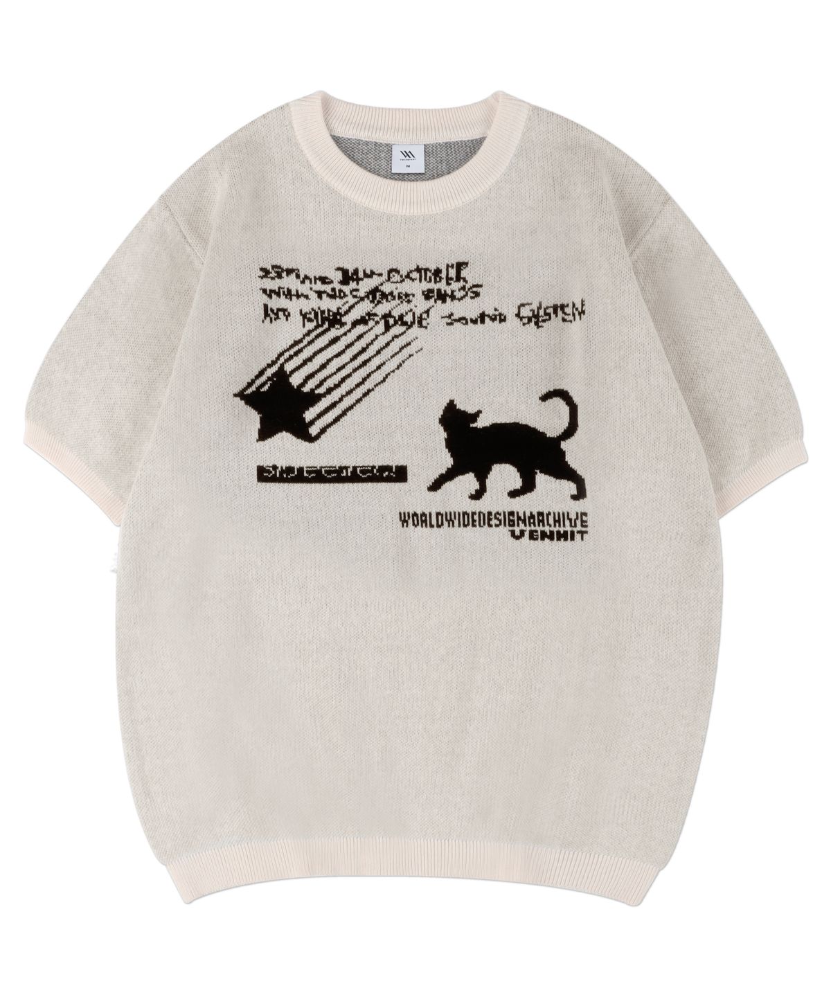벤힛(VENHIT) 별과 고양이 자카드 니트 하프티[IVORY]