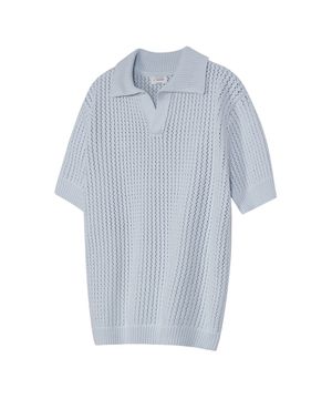 86-IRO315 [워셔블] 펀칭 오픈 카라넥 니트 스카이블루