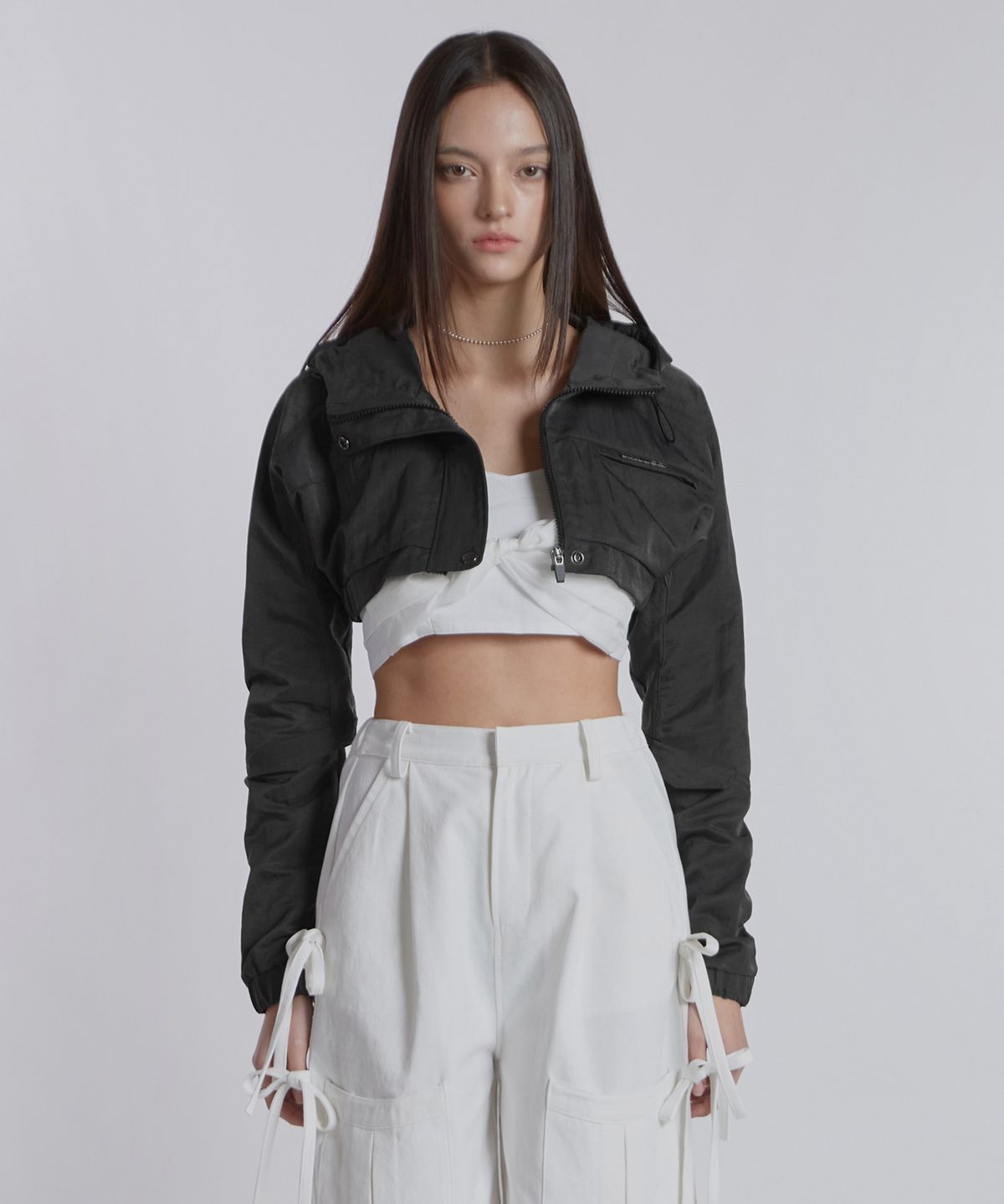 진주유즈(JINJUSE) DETAIL HOODED BOLERO(CHARCOAL)