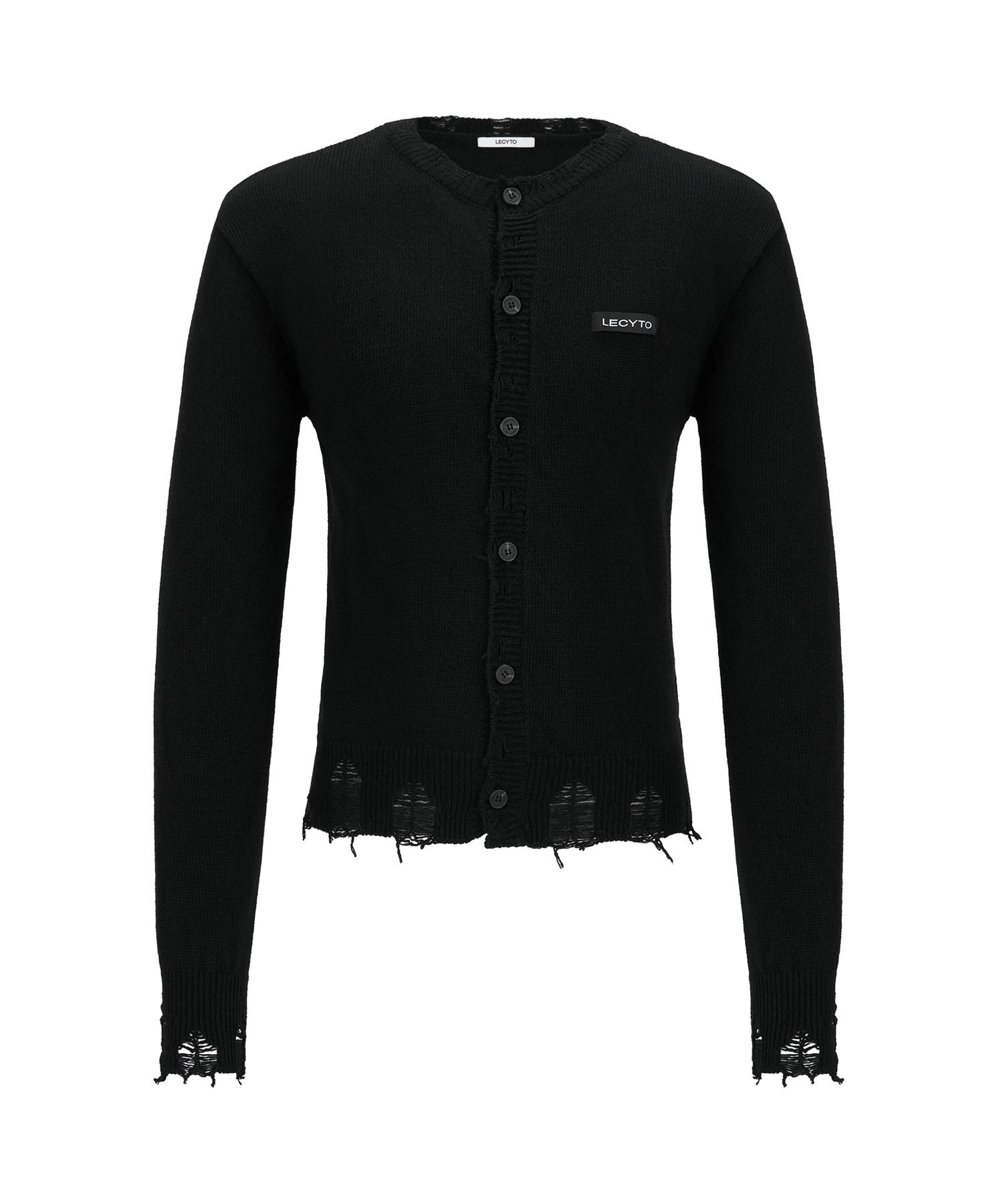 MUSINSA公式 | LECYTO Destroyed Round Wool Knit Cardigan_[Black]