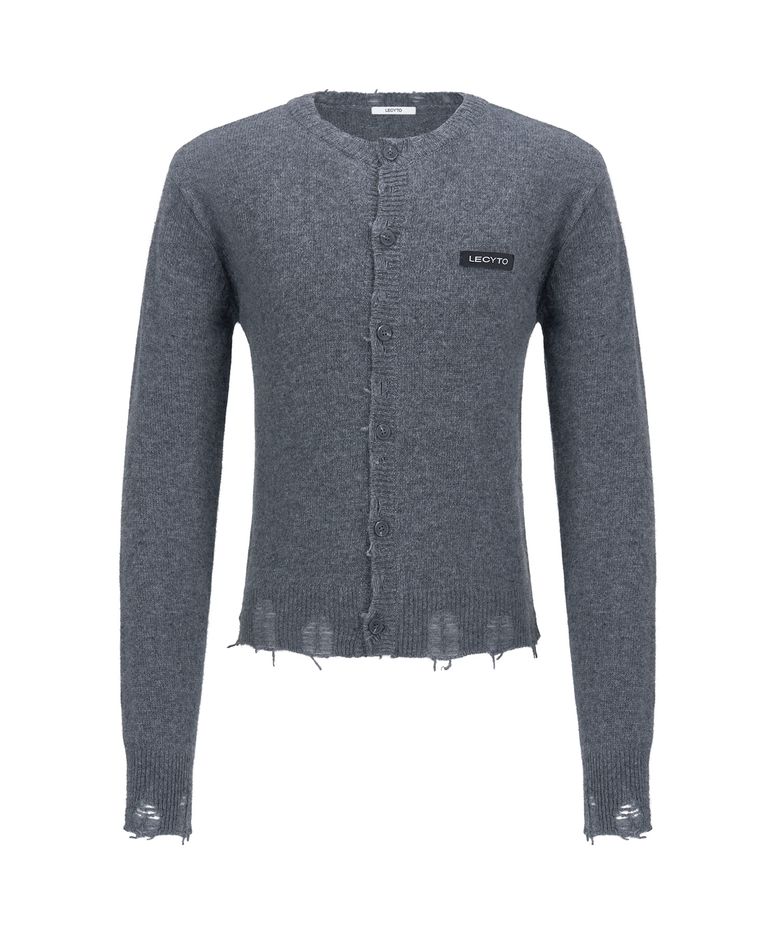 Destroyed Round Wool Knit Cardigan_[Charcoal]