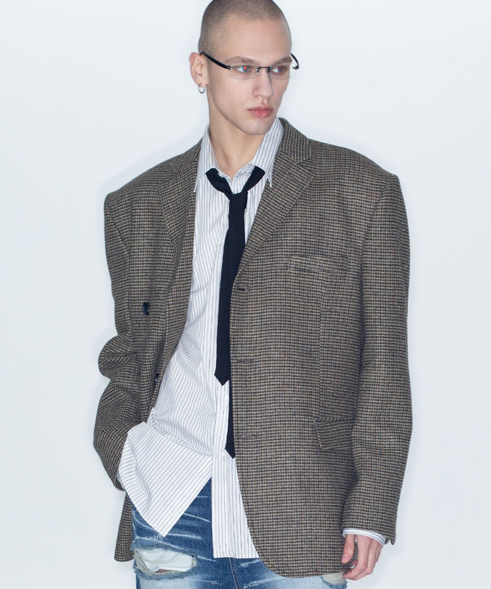 MUSINSA | LECYTO Vintage Check Oversized Blazer_[Brown]
