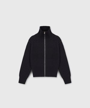 HIGH NECK MULTI CABLE ZIP-UP SWEATER DARK NAVY