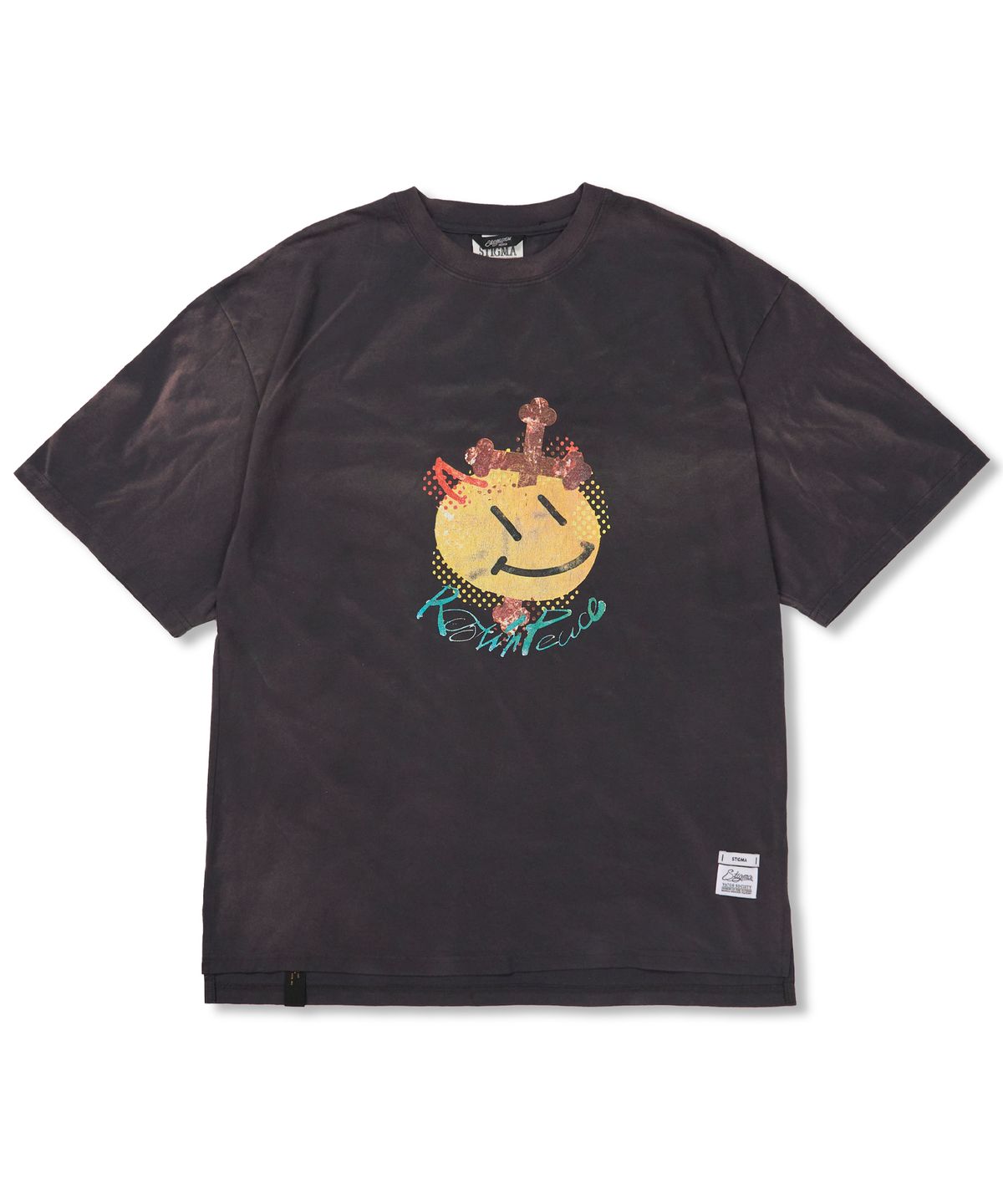 스티그마(STIGMA) Cross Smile Vintage-Like Washed Oversized Short Sleeves T-Shirts Charcoal