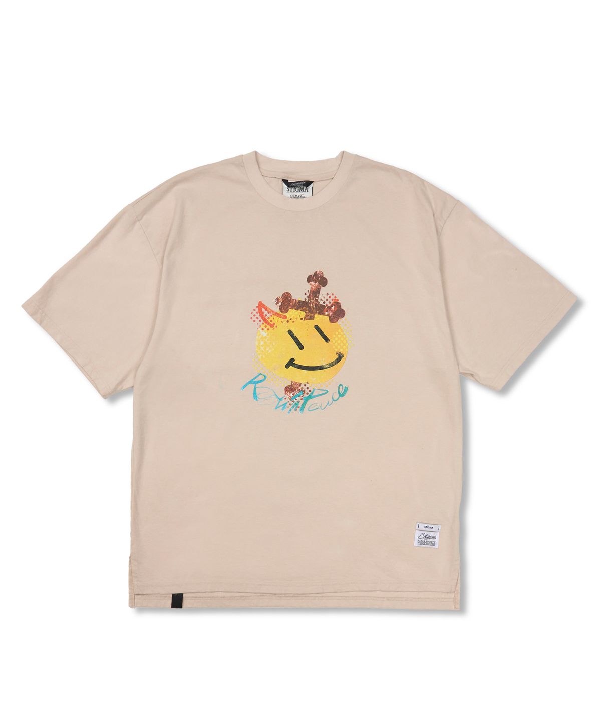 스티그마(STIGMA) Cross Smile Vintage-Like Washed Oversized Short Sleeves T-Shirts Beige