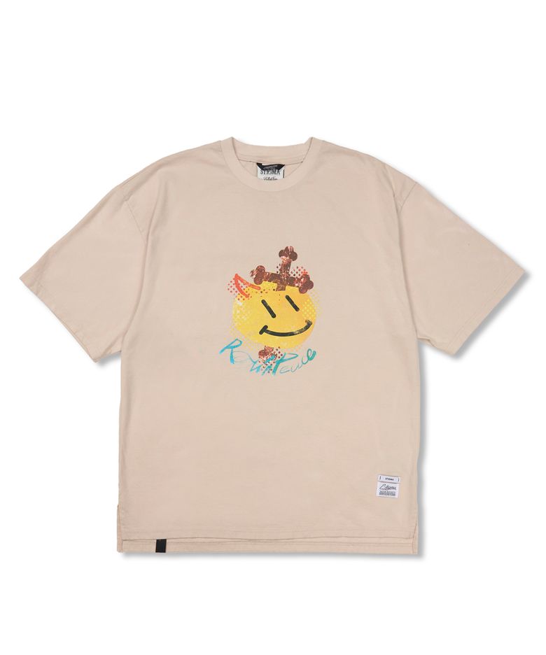 Cross Smile Vintage-Like Washed Oversized Short Sleeves T-Shirts Beige