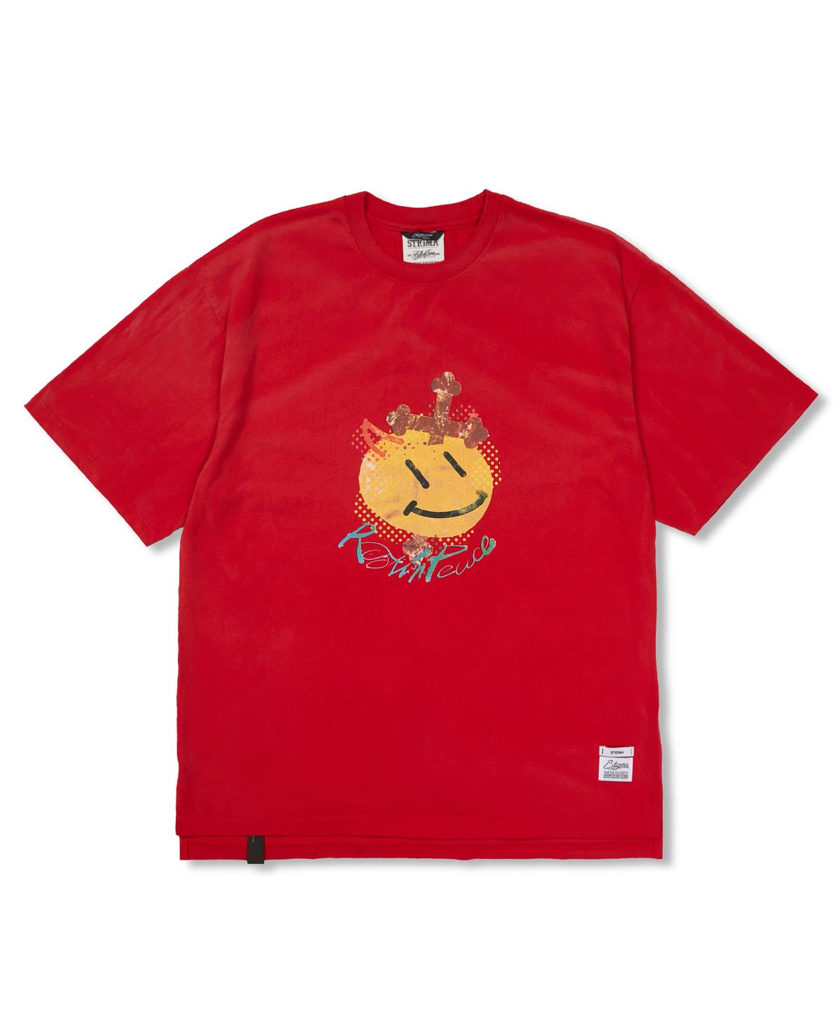스티그마(STIGMA) Cross Smile Vintage-Like Washed Oversized Short Sleeves T-Shirts Red