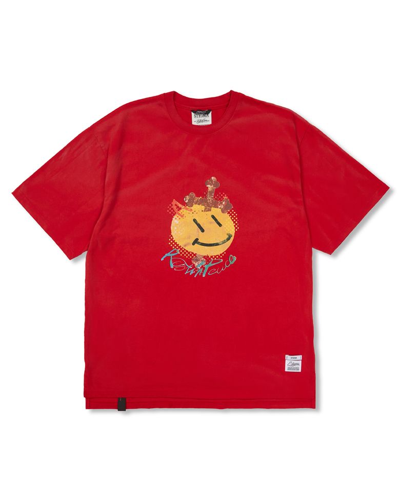 Cross Smile Vintage-Like Washed Oversized Short Sleeves T-Shirts Red