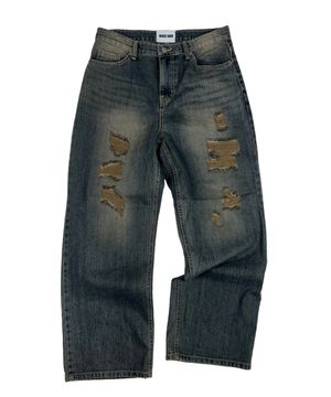 Retro Dyeing Destroyed Denim Wide Pants (Brown indigo)