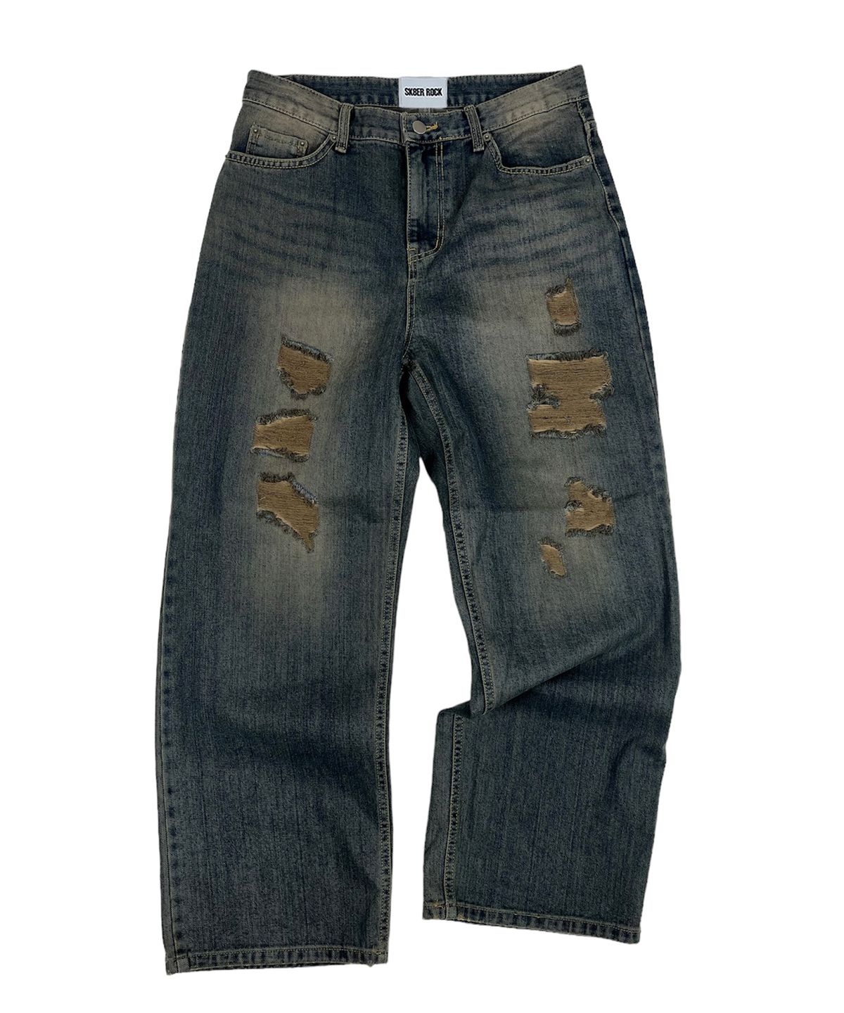 스케이터락(SK8ER ROCK) Retro Dyeing Destroyed Denim Wide Pants (Brown indigo)