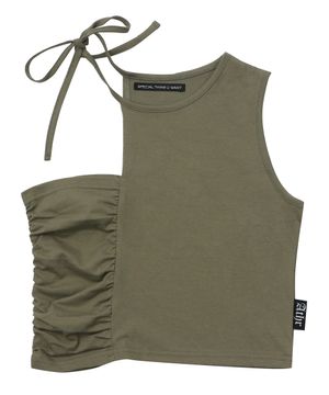 카키 셔링 절개 슬리브리스