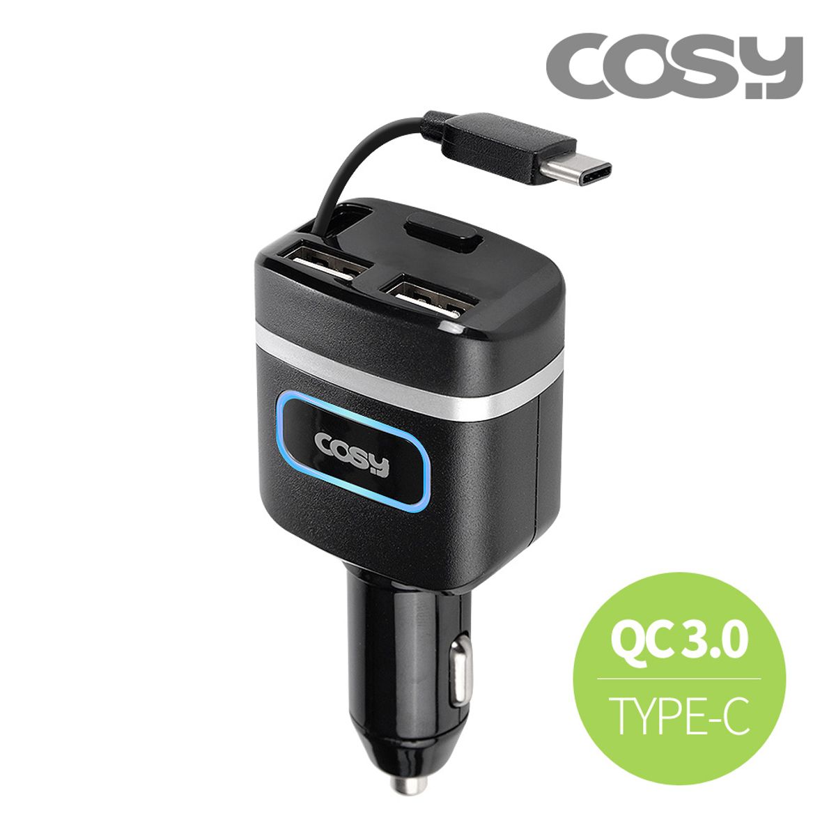 코시(COSY) QC3.0 USB 2포트 차량용 충전기(타입C자동감김) CGR3247AT