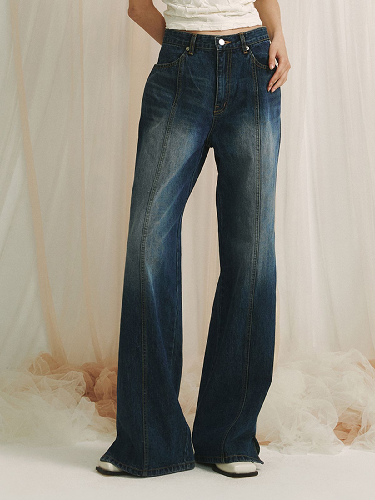 민더리(MEENDERI) STRAIGHT WASHING DENIM PANTS - DARK BLUE