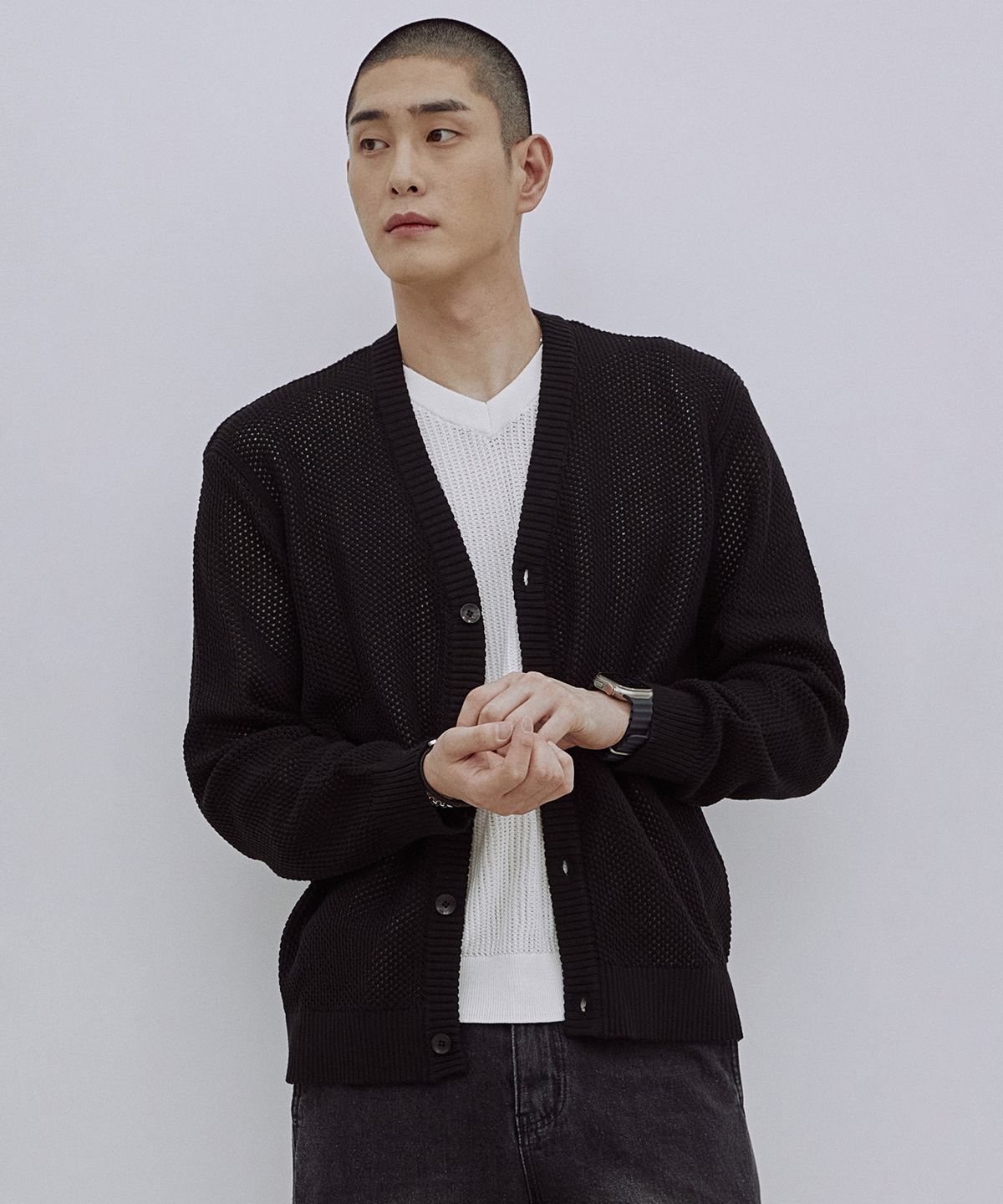 애드호크(ADHOC) 남성 네트조직 루즈핏 Y 카디건 (BLACK) (HA4GD01-39)