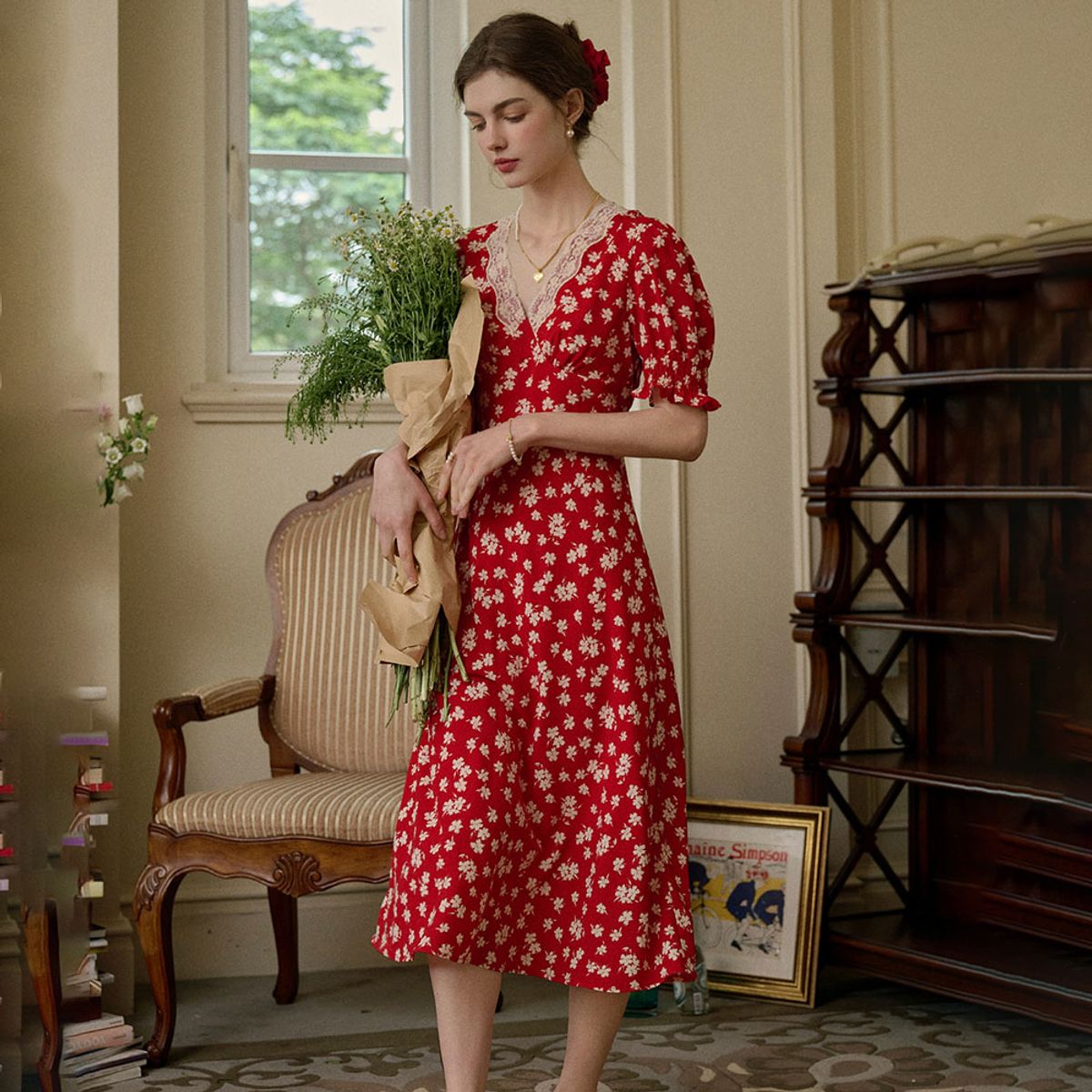 심플레트로(SIMPLE RETRO) SR_Red puff sleeve floral dress