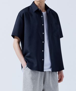 솔리드 링클프리 루즈핏 무지 반팔 셔츠 네이비