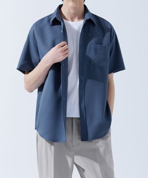 솔리드 링클프리 루즈핏 무지 반팔 셔츠 블루그레이