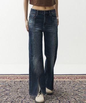 체라 7656 페이드워시 플레어핏 다크인디고 슬릿 데님팬츠