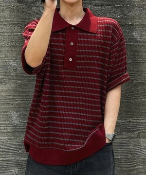 허니비 스트라이프 칼라 니트웨어_와인