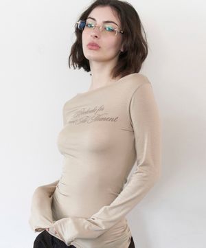 Cursive Mesh Top - Beige