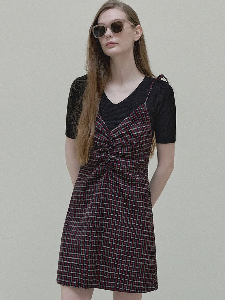 Pattern Shirring Mini Dress - red