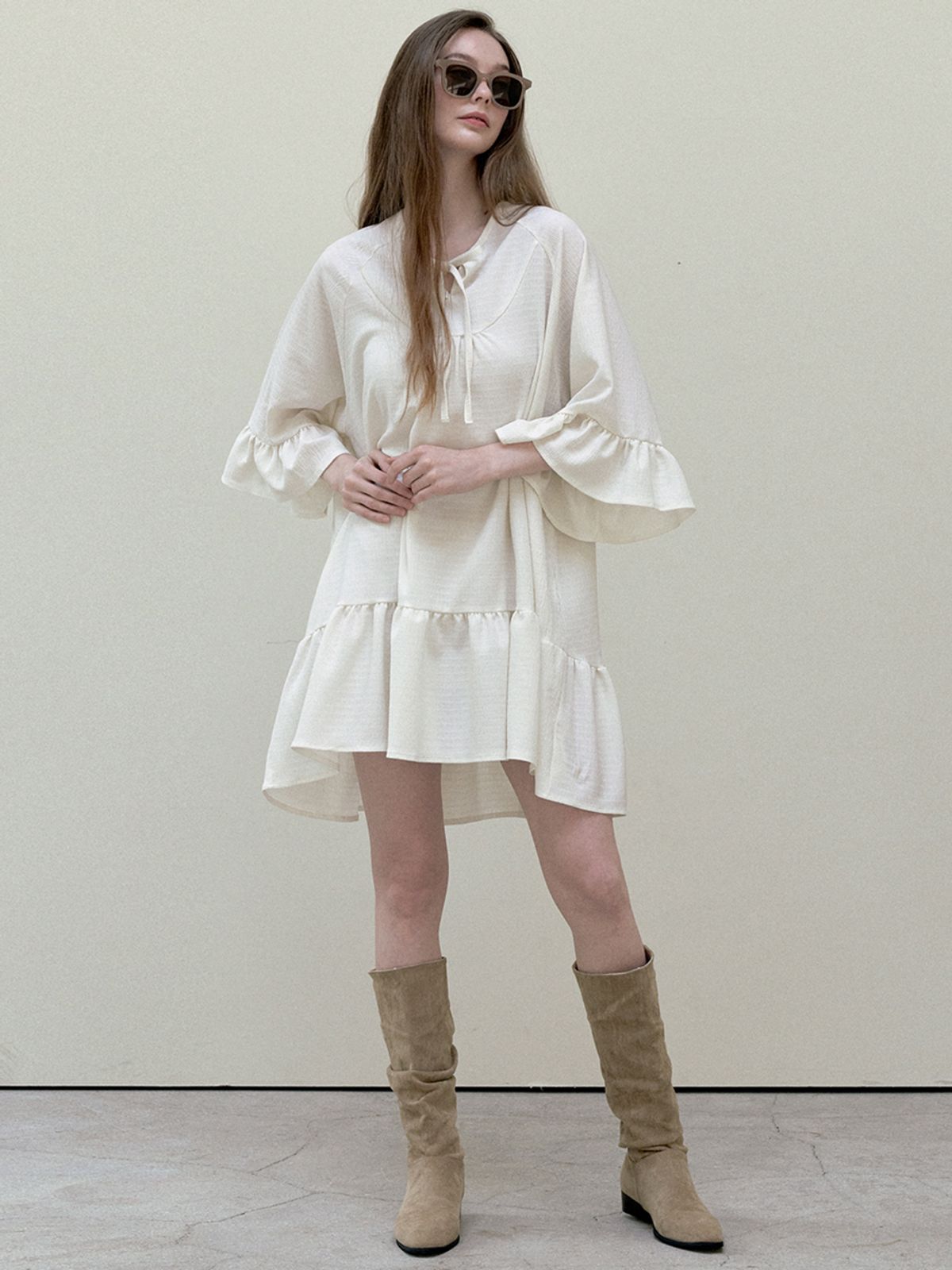아방(AVANT-G) Ethnic Shirring Strap Dress - cream