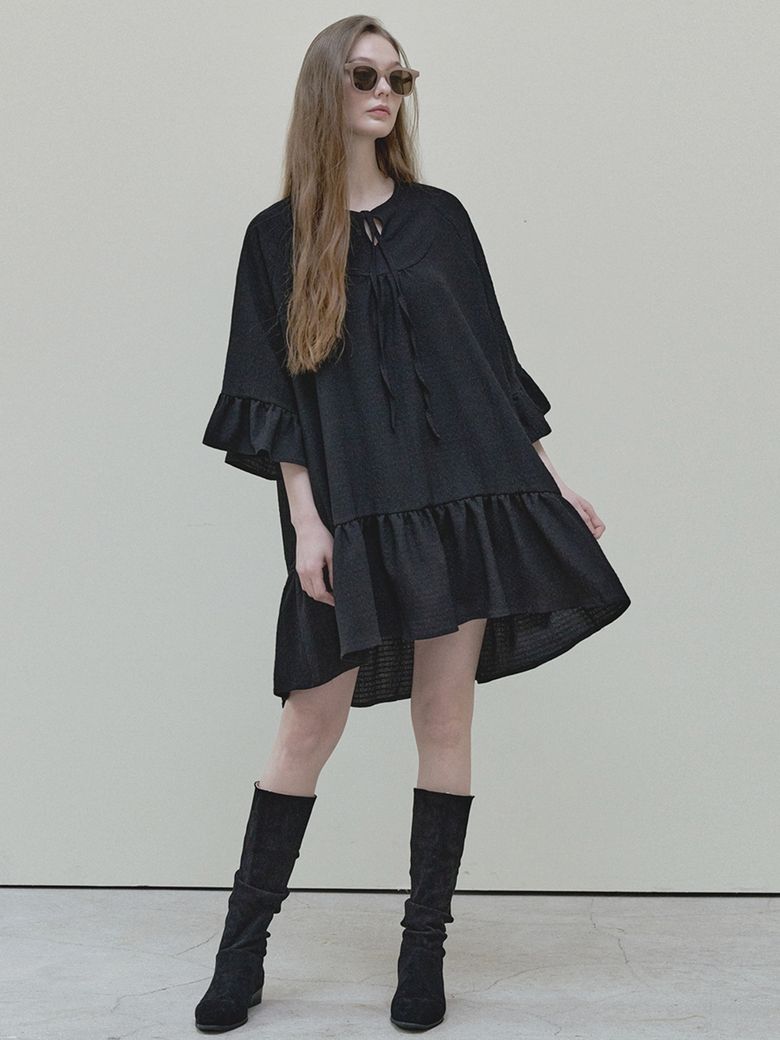 Ethnic Shirring Strap Dress - black