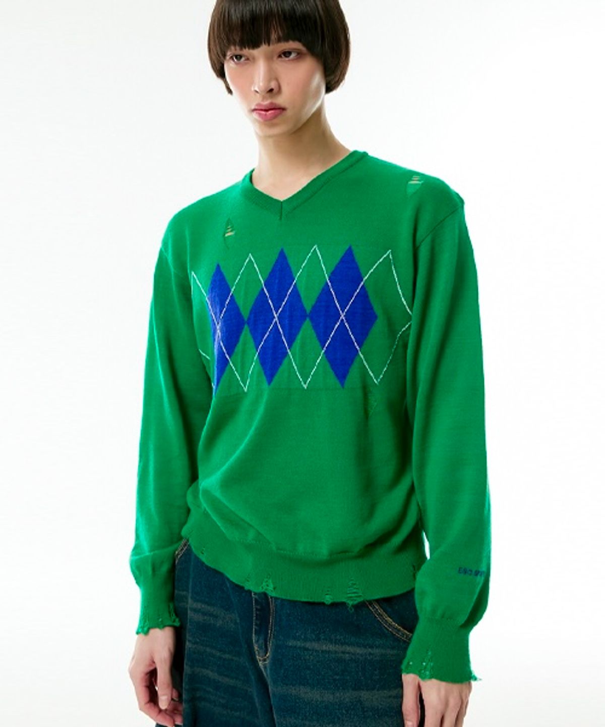 이에스씨 스튜디오(ESC STUDIO) v-neck damage argyle knit (green)