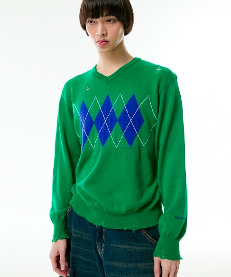 v-neck damage argyle knit (green)