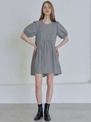 Check Puff Shirring Mini Dress - black