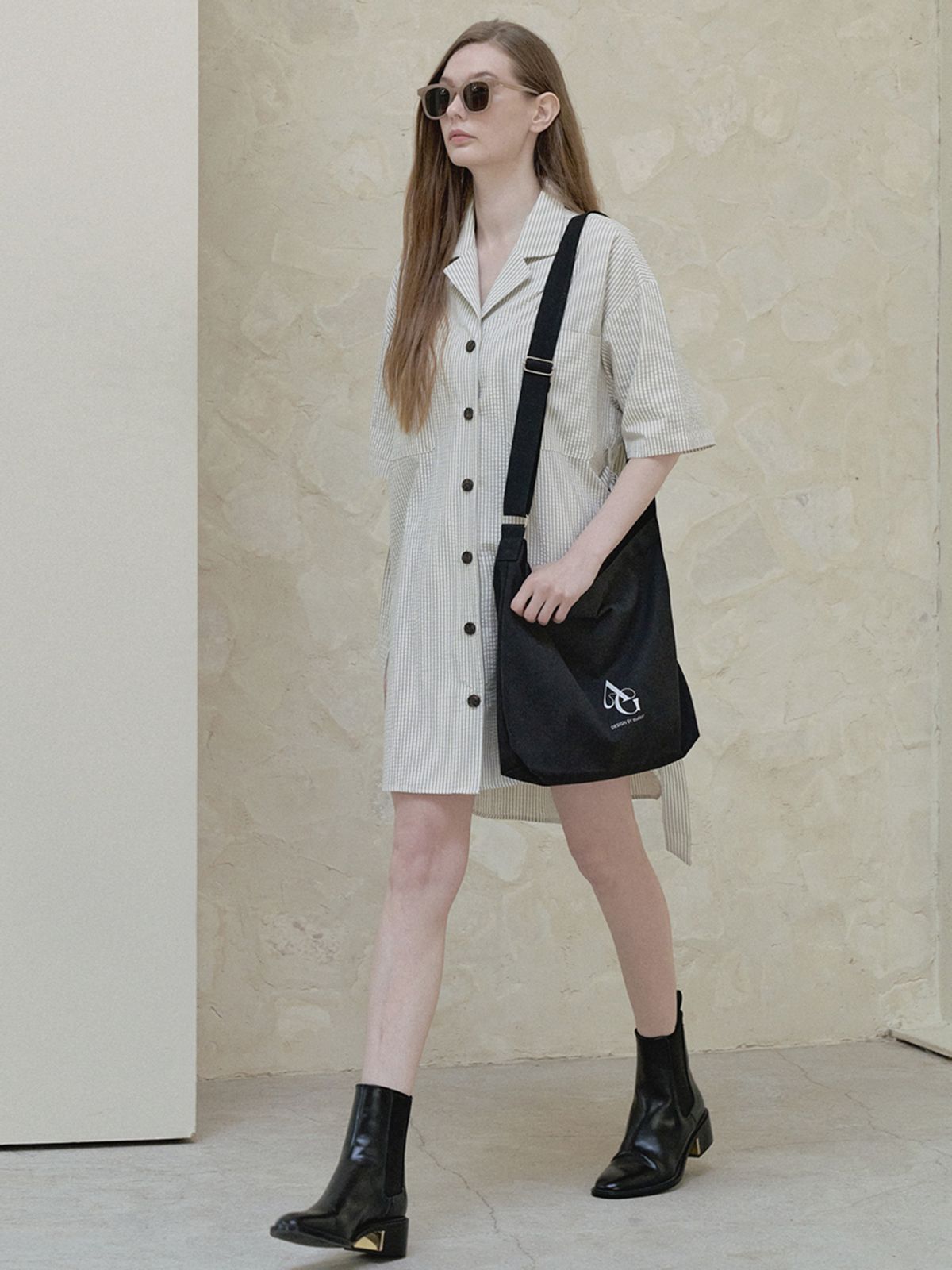아방(AVANT-G) Stripe Boyfit Shirt Dress - cream