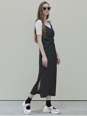 Dot Shirring Long Dress - black