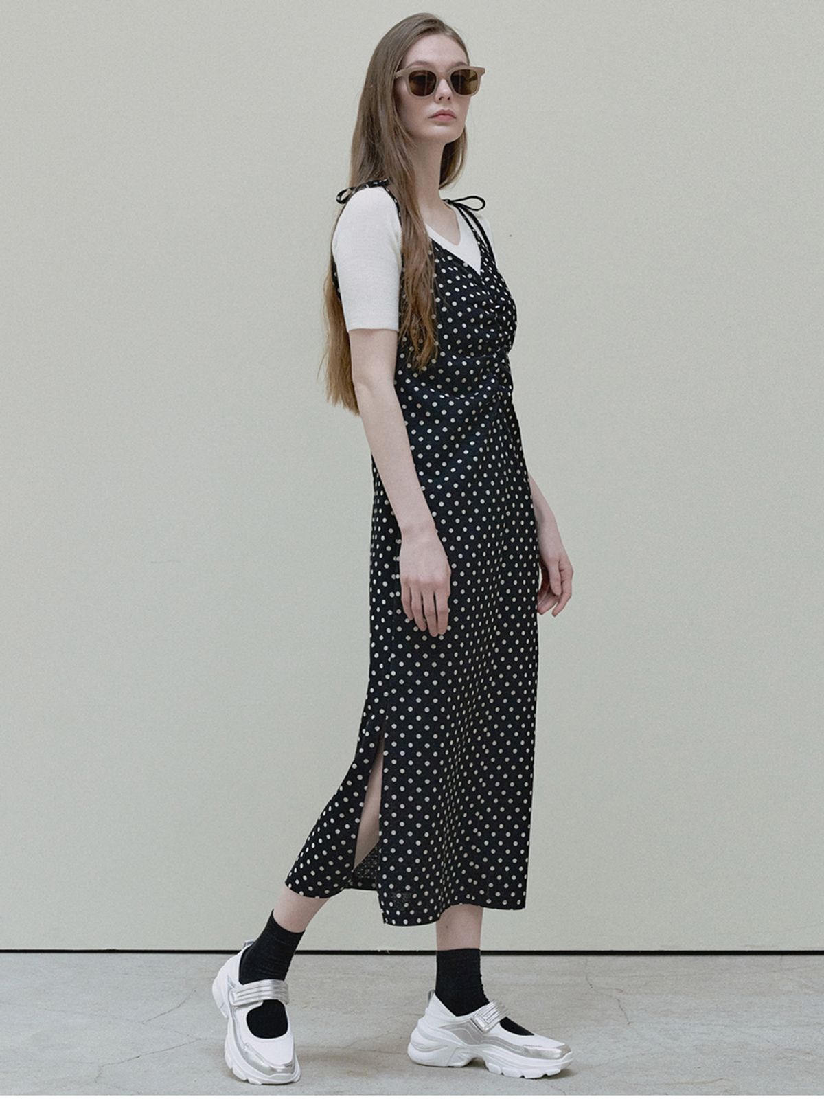 아방(AVANT-G) Dot Shirring Long Dress - black