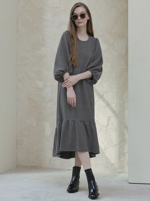 Check Puff Long Shirring Dress - black