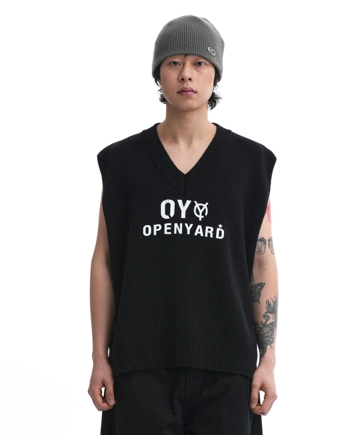오픈야드(오와이)(OPENYARD(OY)) SIDE SLIT V NECK KNIT VEST-BLACK