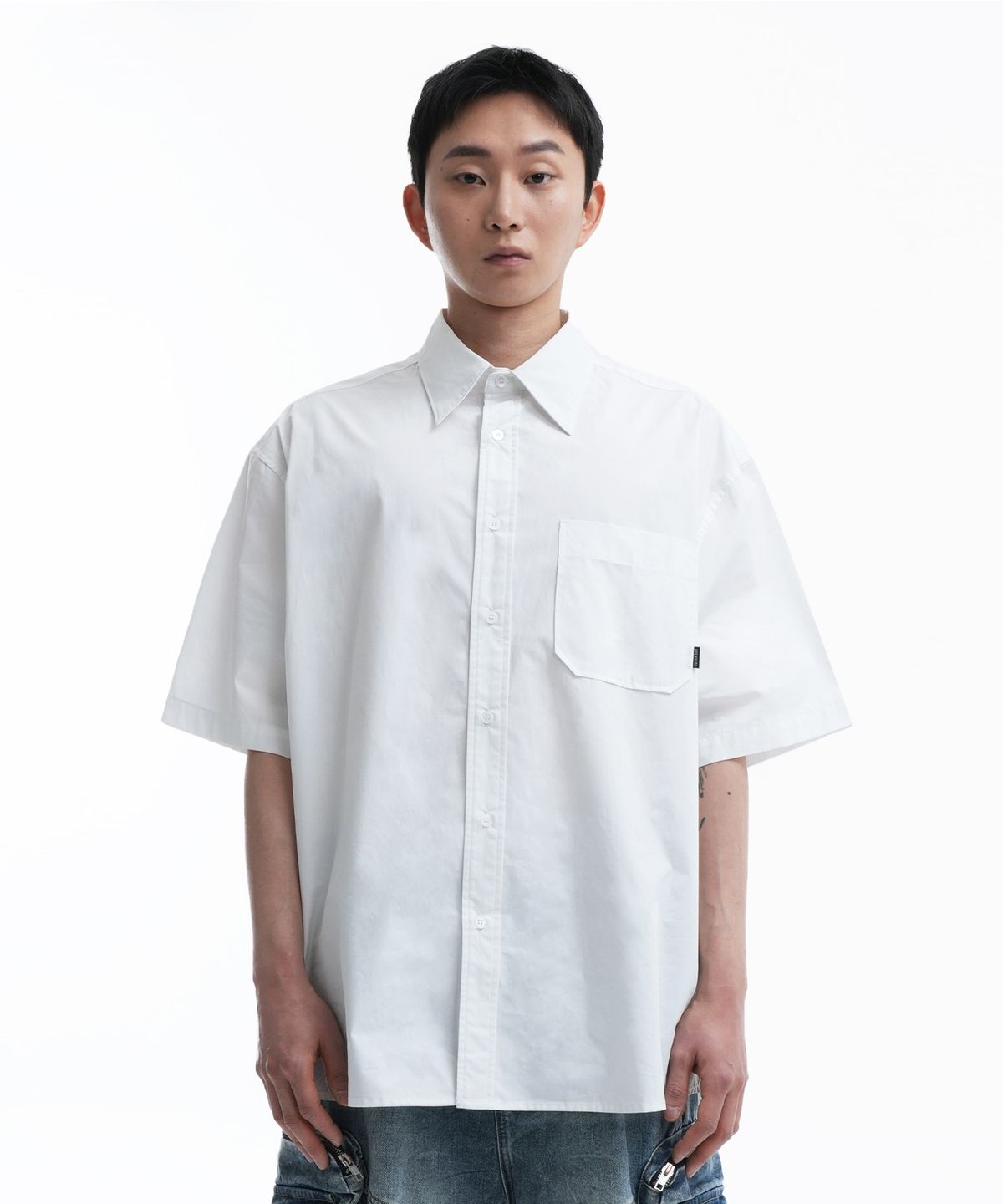 오픈야드(오와이)(OPENYARD(OY)) BACK STITCH POCKET HALF SHIRTS-WHITE