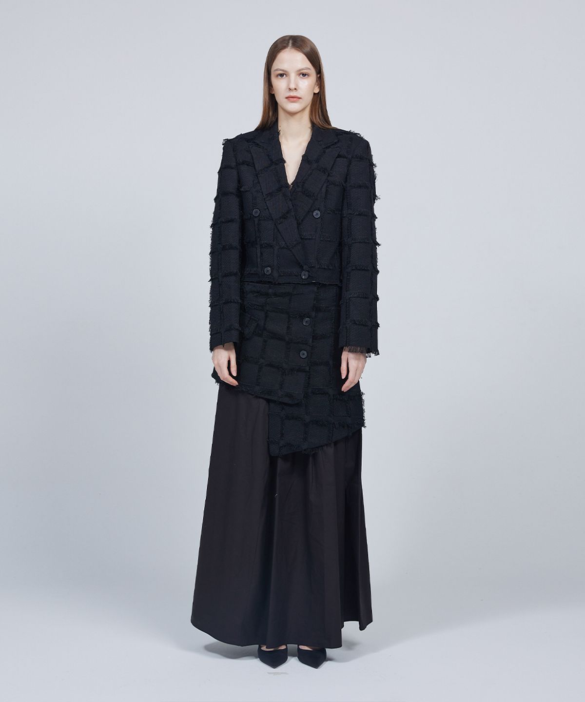 므아므(MMAM) [ESSENTIAL] Fringe blazer crop layered skirt