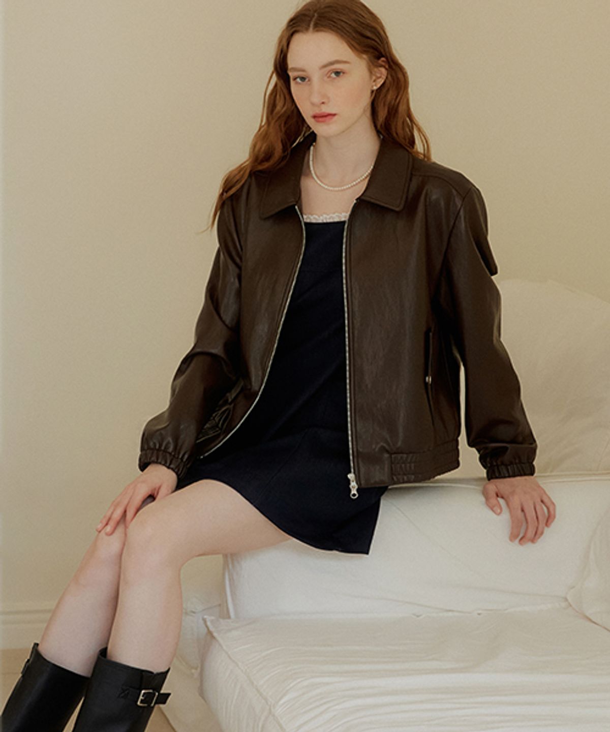 모어댄라이크(MORE THAN LIKE) POCKET LEATHER BLOUSON - BROWN