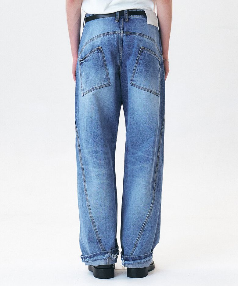 SLANTED RAW TURN-UP JEANS - MID BLUE