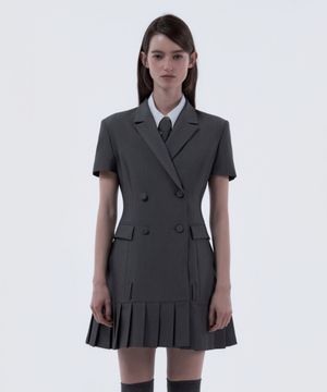 Jenn Pleated Half-Sleeve Suit Jacket Dress - Grey