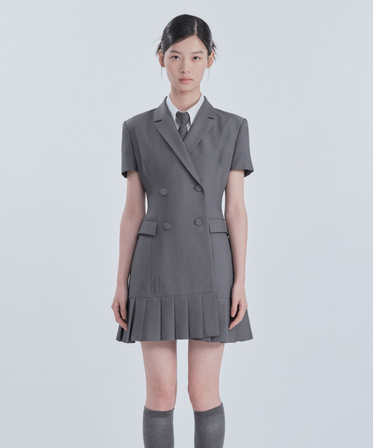 마우솔레움(MAU SOLEUM) [기장 선택] Jenn Pleated Half-Sleeve Suit Jacket Dress - Grey