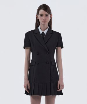 Jenn Pleated Half-Sleeve Suit Jacket Dress - Black