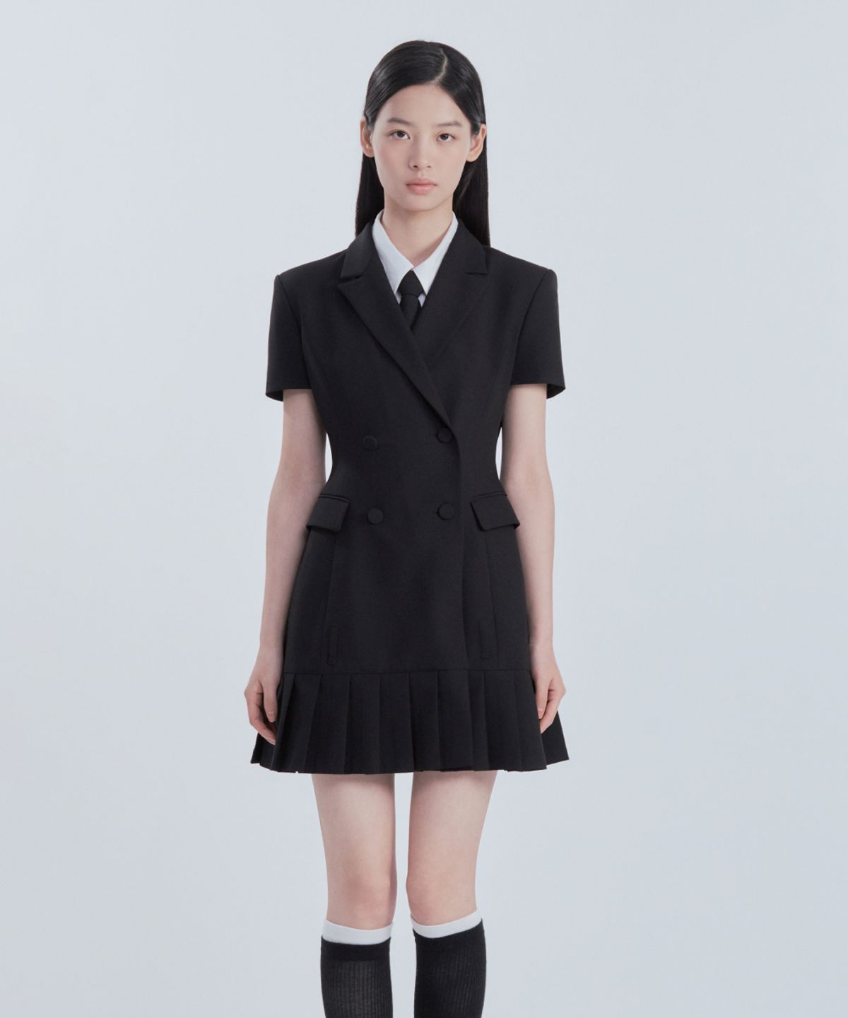 마우솔레움(MAU SOLEUM) [기장 선택] Jenn Pleated Half-Sleeve Suit Jacket Dress - Black