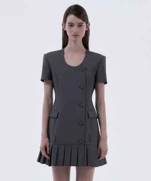 Jenn Round Neck Pleated Half-Sleeve Suit Jacket Dress - Grey