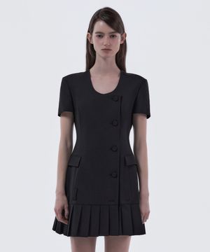 Jenn Round Neck Pleated Half-Sleeve Suit Jacket Dress - Black