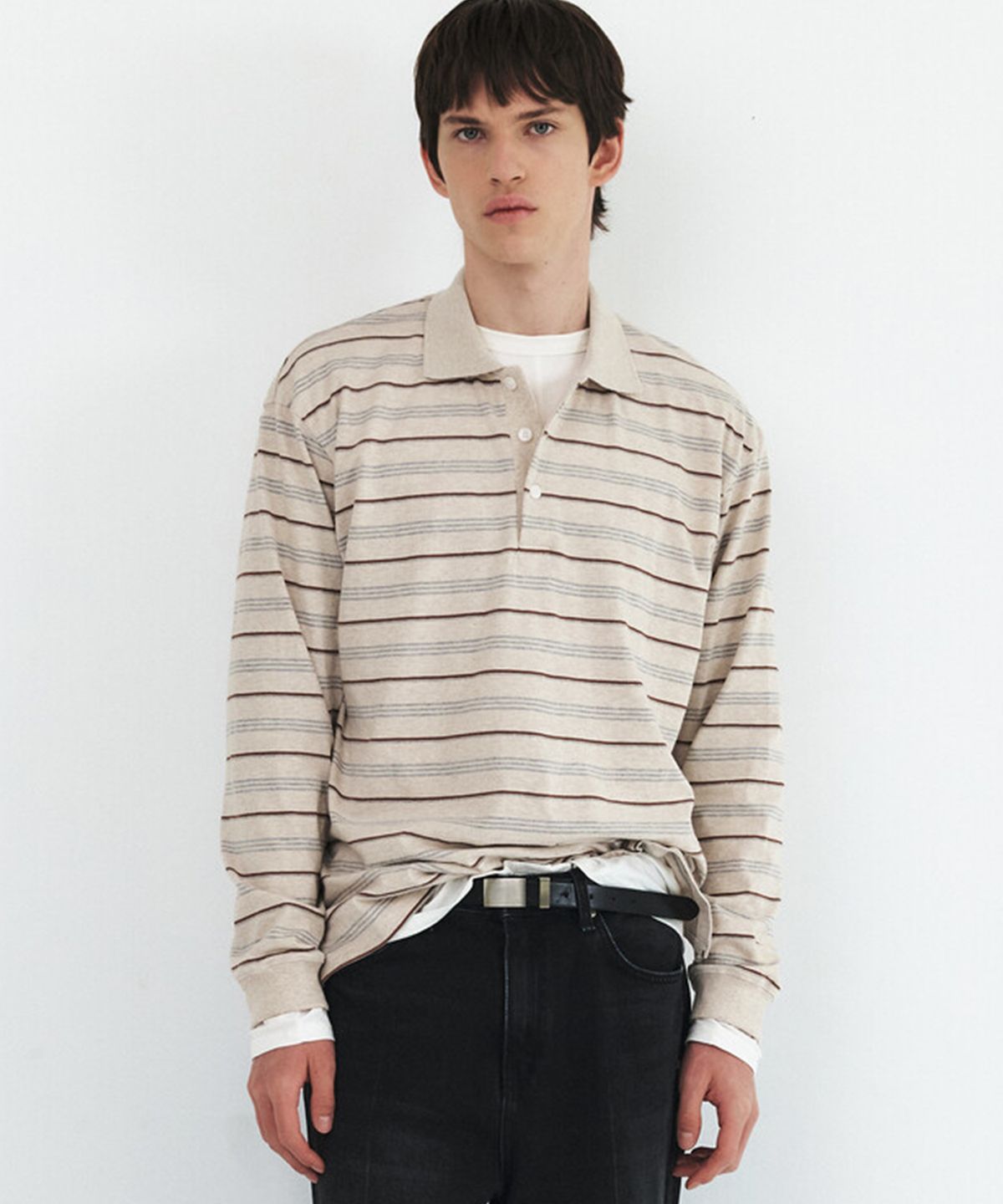 윈더(WINDER) STRIPED COTTON POLO - MELANGE BEIGE