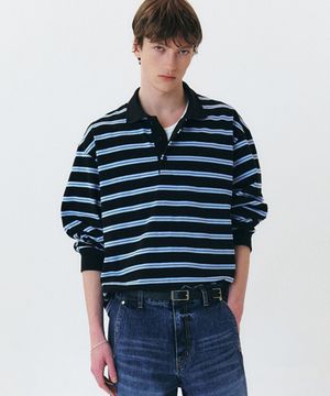 STRIPED COTTON POLO - BLUE BLACK