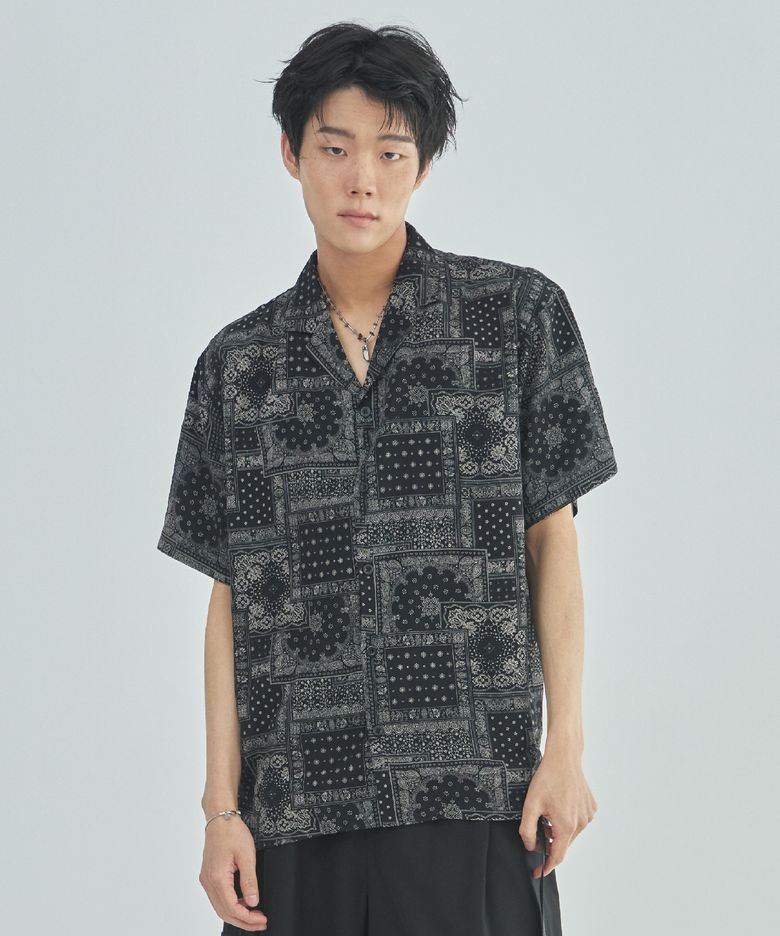페이즐리 오픈 카라 셔츠_블랙